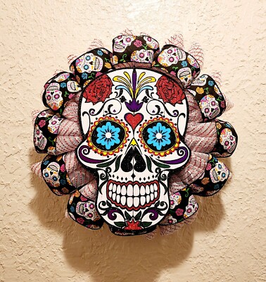 Sugar Skull Wreath - Day of the Dead - Red - Fabric and Ribbon