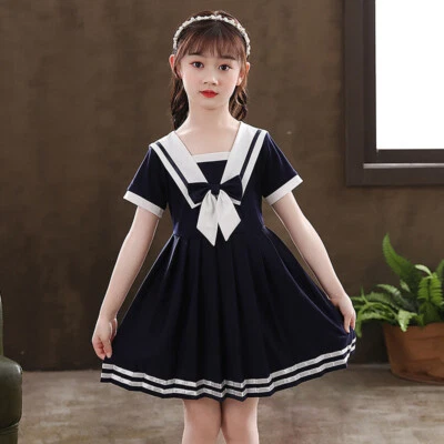 Robe Fille Col Marin Manches Courtes Nœud Préppy Uniforme Rayé Marine Bordeaux - Photo 1/4