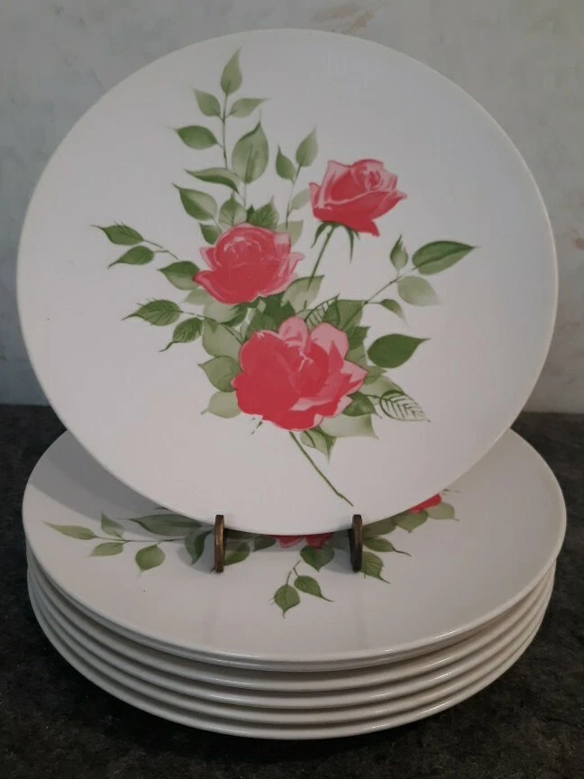 Vtg.  MCM Set of 7 Melamine 9" Dinner Plates w/ Dark Pink Roses w/ Green Leaves - Image 3 of 4