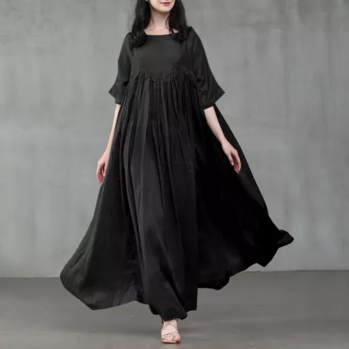 Damen Kurzarm Baumwolle Lockere Taille Party Swing Maxikleid S-5xl - Bild 4 von 28