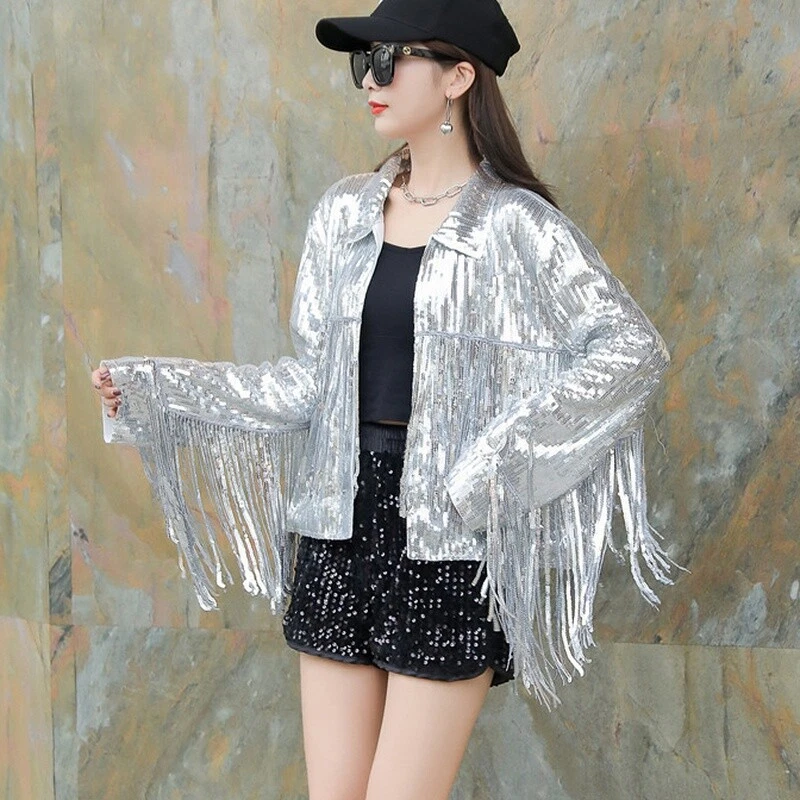 Long silver sequin jacket top
