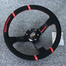 14"Universal Mugen Racing Four Red Ring Suede Leather Deep Dish Steering Wheel