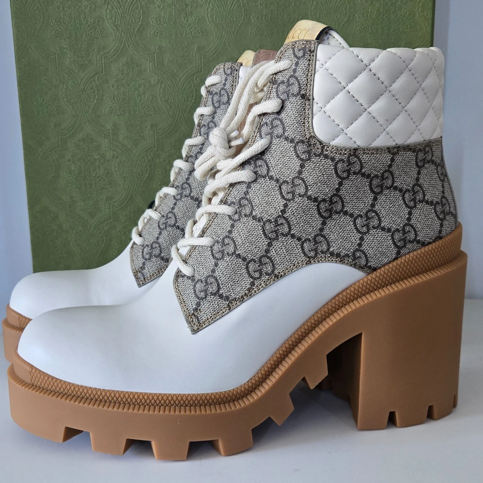 Gucci Calfskin GG Supreme Nappa Samoa Quilted Lace Up Ankle Boots 39.5 Beige Whi