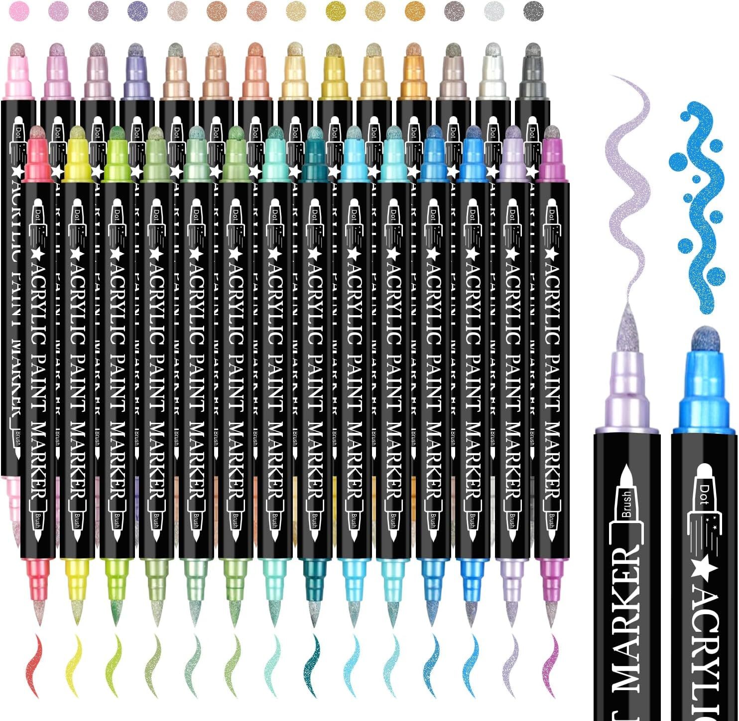 28 Dual Tip Acrylic Paint Markers with 28 Metallic Colors - Brush and Dot Tips for Premium Art Projects
