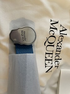 NEW Alexander McQueen Logo Skull Silver Buckle Sky BlLeather Belt 115 US 46 $390