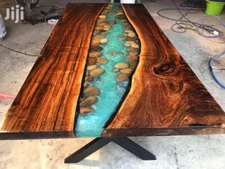 Blue Epoxy Resin Walnut Dining Table Top Office Center Meeting Table Decor