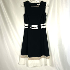 Calvin Klein Black White Tan Striped Fit and Flare Belted Dress Size 2 Office