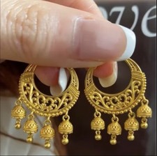 24k Gold Plated Tassels Hoop Earrings Asian Indian Dubai Jewellery Set Uk*