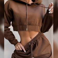 Cropped Tracksuit Sweatsuit Hoodie Hooded Sports Suit Tops Sweatpants Pants Set