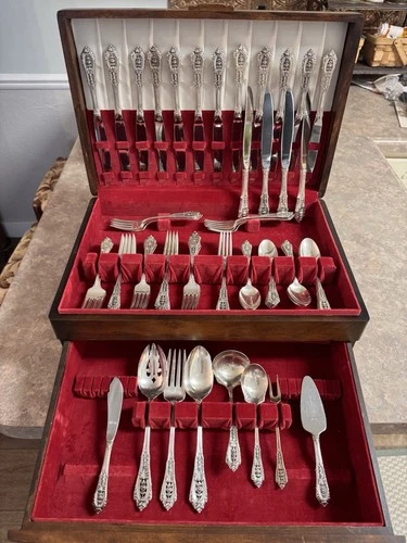 WALLACE ROSE POINT Sterling Silver Flatware 72p Set 16 Place Settings, 8 Serving