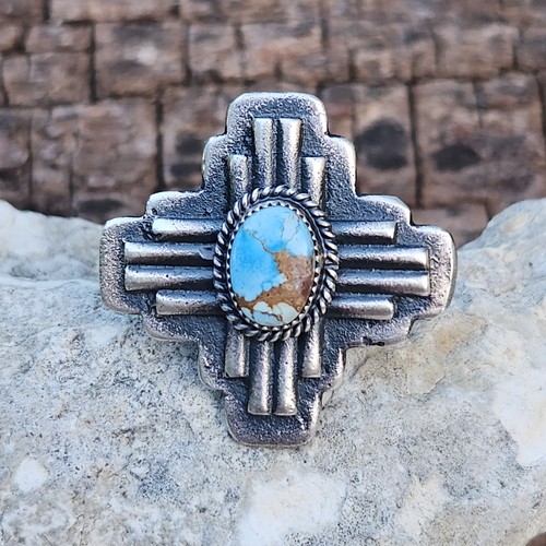 Kevin Billah Golden Hills Turquoise Zia Ring Sandcast size 7 adjustable sterling - Picture 6 of 7