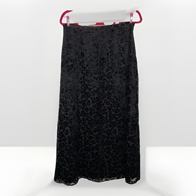Charter Club Sz 12 Black Velvet Floral Rose A-Line Midi Skirt Goth Vamp
