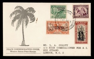 DR WHO 1946 NEW ZEALAND WESTERN SAMOA OVPT FDC PEACE ISSUE R80710