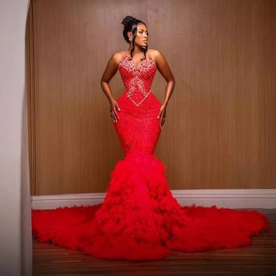 Luxury Beading Prom Dresses Mermaid Formal Party Dress Tiered Tulle Evening Gown