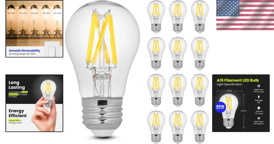 Vintage-Style Dimmable A15 LED Bulb, 60W Equivalent, 2700K Soft White - 12 Pack - Image 2 of 4
