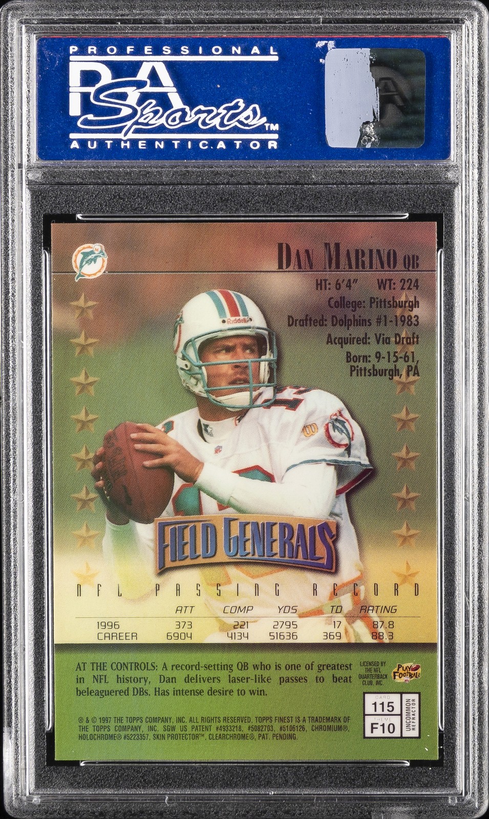 1997 FINEST REFRACTOR #115 DAN MARINO PSA 10 view 2