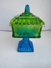 Vintage Jeanette Lombardi Flash Blue & Green Ombré Lidded Wedding Candy Dish