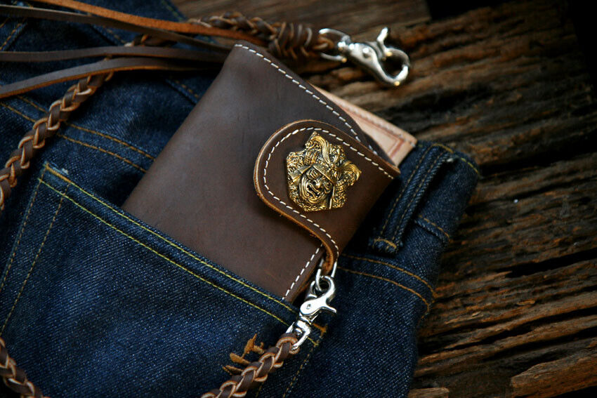 Biker long Wallet chain brass Genuine Leather Brown japanese Biker long Wallet chain brass Genuine Leather Brown japanese