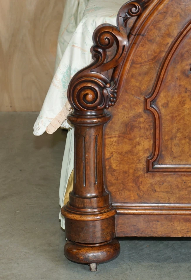ANTIQUE VICTORIAN CIRCA 1860 HAND CARVED BURR WALNUT HALF TESTER CANOPY BED - Image 4 of 4