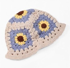 FLORAL Beige W/Blue-Yellow Crochet Knit Women's Bucket Hat  1 Sz fits most 