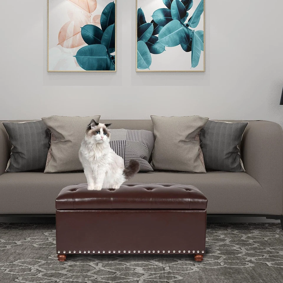 Banco otomano de almacenamiento superior elevador rectangular, banco de dormitorio acolchado de cuero sintético con Foto 2 de 4