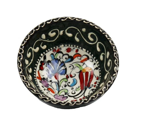 Turkish Iznik Paint Raised Hand Painted Green Floral Ceramic Pottery Finger Bowl
