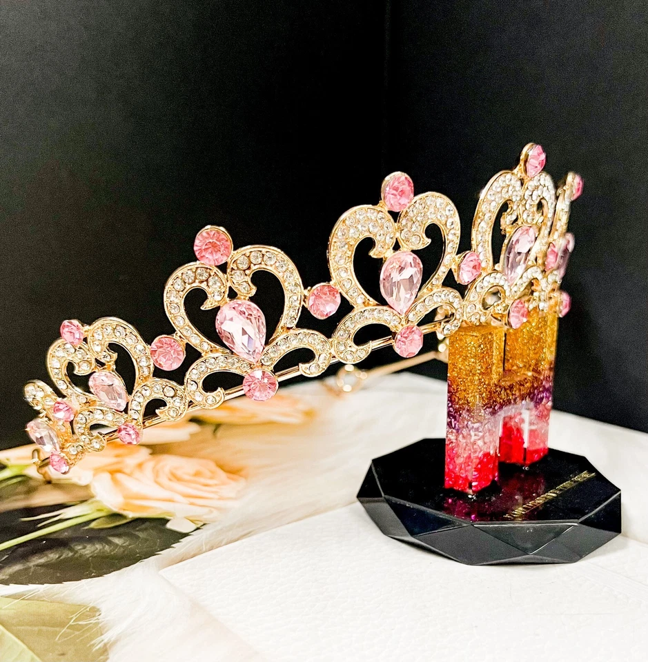 Tiara de Cristal Rosa, Tiara Dorada Niña, Tiara en Forma de Corazón, Tiara Fiesta Princesa Foto 3 de 4