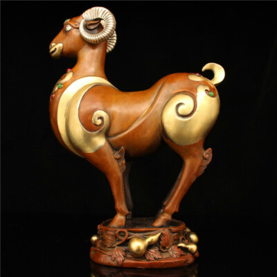 12.99&quot;Chinese Red Copper Gilt Fengshui 12 Zodiac Year Sheep Goat Animal