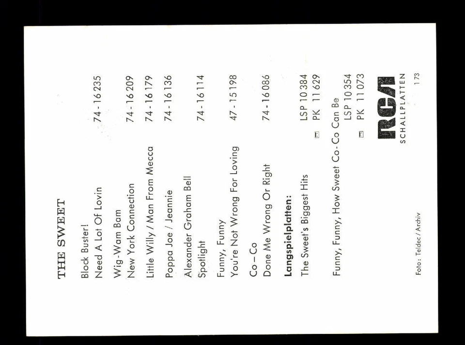 The Sweet RCA Autogrammkarte 70er Jahre  TOP ## BC 52681 - Bild 2 von 2