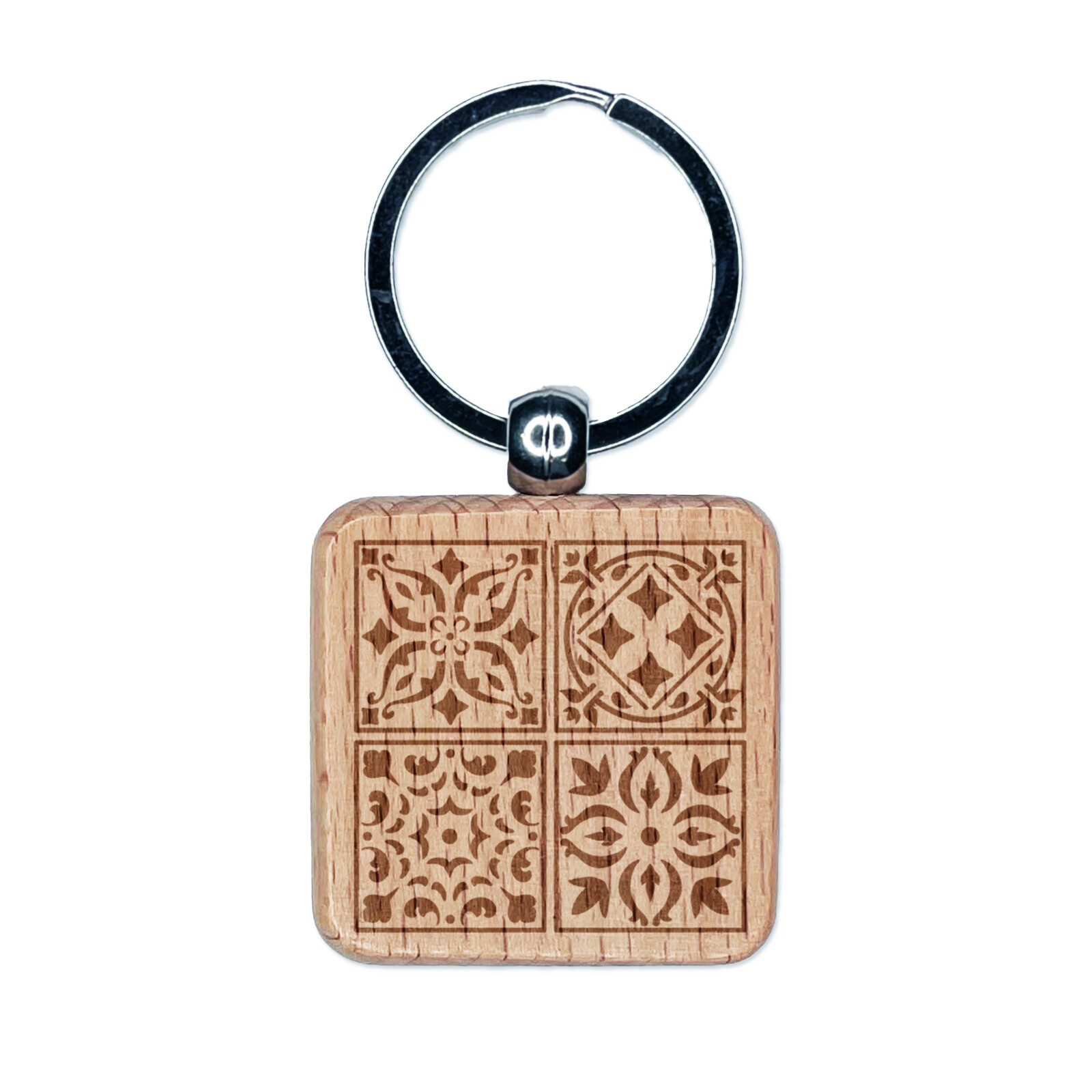 Mediterranean floral mosaic engraved wood square keychain