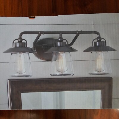NIB Nice Bathroom Bronze 3-Lite Industrial-Look VANITY Wall LIGHT w/ Clear Glass