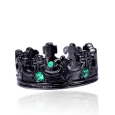 Vintage Black Royal Crown Wedding Ring Stainless Steel Green CZ Cross Crown Ring