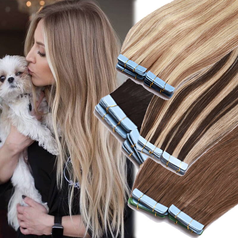 Tape In Human Hair Extensions Skin Weft Full Head Brown Real Wavy Thick 20-60pcs