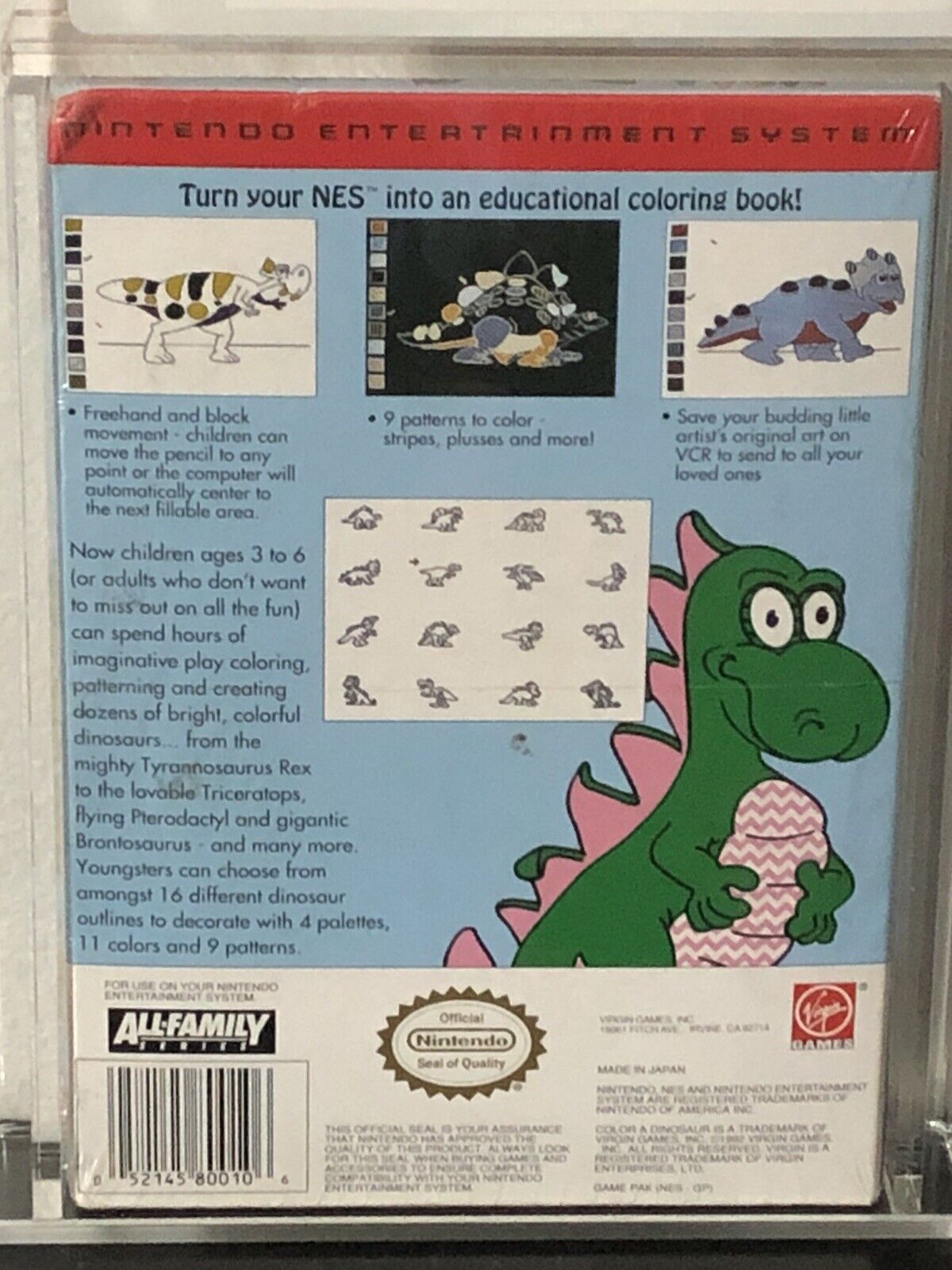 NINTENDO NES VIDEO GAME CARTRIDGE COLOR A DINOSAUR RARE CART VIRGIN GAMES