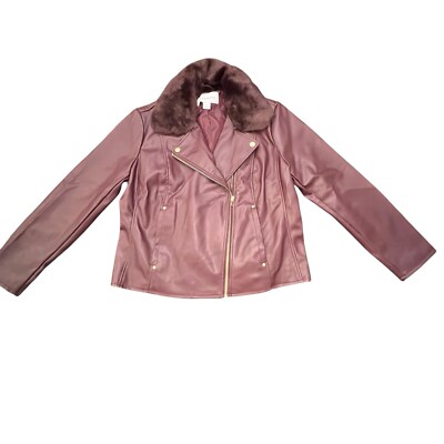 NEW Liz Claiborne Size L Removable Faux Fur Collar Zip Coat Faux Leather Maroon