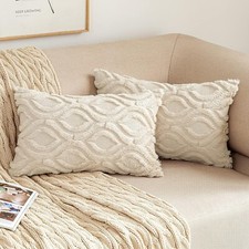 2 x MIULEE 12" x 20" Cushion Covers Wool Round Fluff Throw Pillow Case - Beige