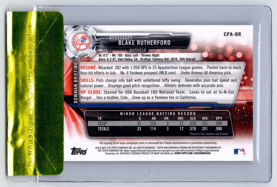 2017 Bowman Chrome #CPA-BR Blake Rutherford 1st Bowman RC Auto BGS 9.5 Gem-RAW - Image 2 of 2