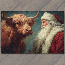 ART CARD Santa Highland Cow Christmas Holiday Winter Rustic Farm Festive Countr