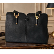 Black Pebbled Satchel Top Handle Bag Gold Hardware Zip Closure Adjustable Strap