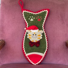 Christmas Stocking Felt Christmas Shaped Kitty Cat with Santa Hat  Bow Tie