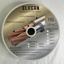 Elecan Pro Series 14/2 Speaker Wire, 150 Ft 14 Gauge AWG, Transparent