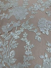 Sequin Lace Fabric White Floral Embroidered Mesh Bridal Wedding Luxury