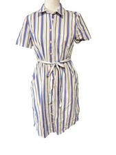 J.Crew Shirt Dress Womens 6 White Striped Belted Collared Short Sleeve Cotton
