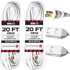2 Pack 20 ft White Extension Cord with 3 Outlets 16/2 SJTW 2 Prong Indoor Cord