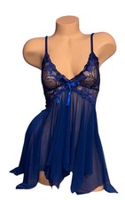 Avidlove Blue Shiny Sheer Satin Ribbon Lace Trim Nightie Nightgown Womens