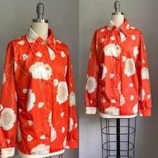 Vintage 1970 s Orange Mod Poppies Polyester Dagger Collar Button Down Shirt 2XL