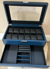 SONGMICS 12-Slot Navy Watch Display Jewlery Box, Drawer with Glass Lid Heavy