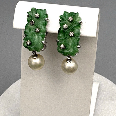 Vintage Ciner Clip On Earrings Molded Jade Glass Faux Pearls Green READ