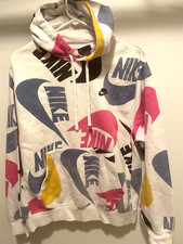 Nike Fleece Hoodie Mens sz M Multicolor Swoosh Logo All Over Print Pullover