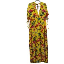 Boohoo Dress Womens 8 Yellow Floral Maxi Kaftan V Neck V back Slit Sleeve